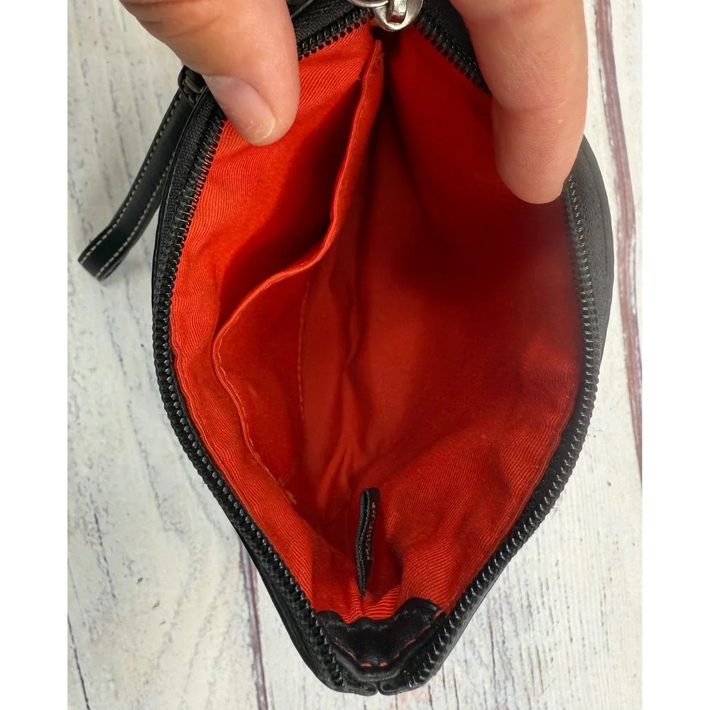 Coach Black Signature Jacquard Pleated Wristlet Leather Trim Red Interior